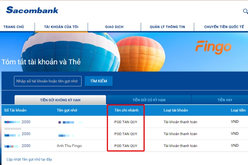 Thông tin chi nhánh Sacombank mở tài khoản của khách hàng sẽ hiển thị.
