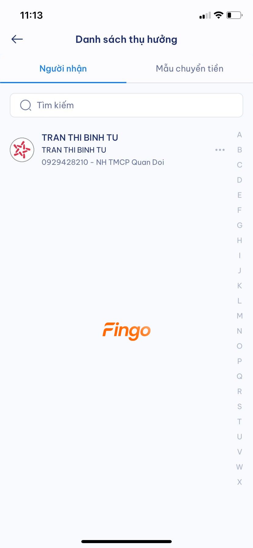 Chọn mục "Người nhận" để xem danh sách các tài khoản đã được lưu vào danh sách thụ hưởng.