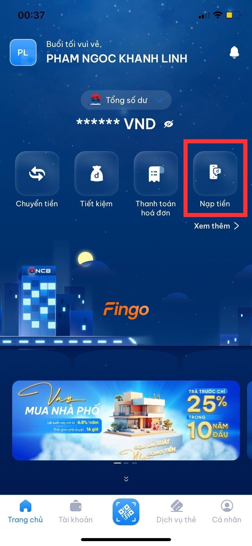 Mở ứng dụng NCB iziMobile và chọn biểu tượng "Nạp tiền".