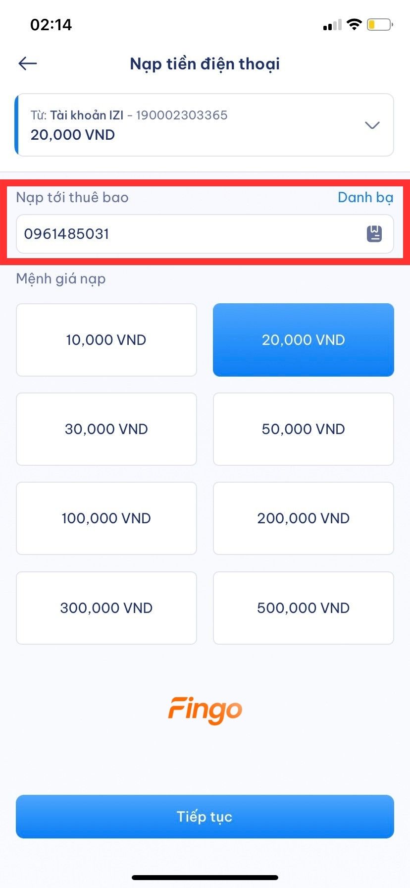 Nhập số điện thoại bạn muốn nạp vào khung "Nạp tới thuê bao".