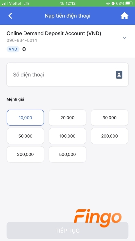 Chọn mệnh giá nạp tiền/Nhà mạng (Viettel, MobiFone,...)