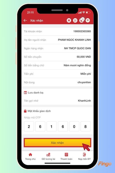 Tiếp tục thực hiện bước chuyển tiền theo quy trình thông thường.