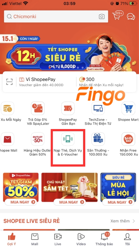Chọn “Nạp thẻ, Dịch vụ & Data”