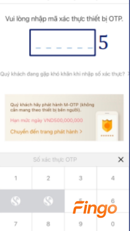 Nhập M-OTP/A-OTP, rồi chọn “OK”
