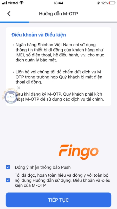 Nhấn đồng ý với Điều khoản và điều kiện để tạo mã OTP