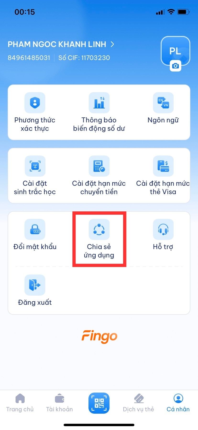 Nhấn vào tùy chọn "Chia sẻ ứng dụng".
