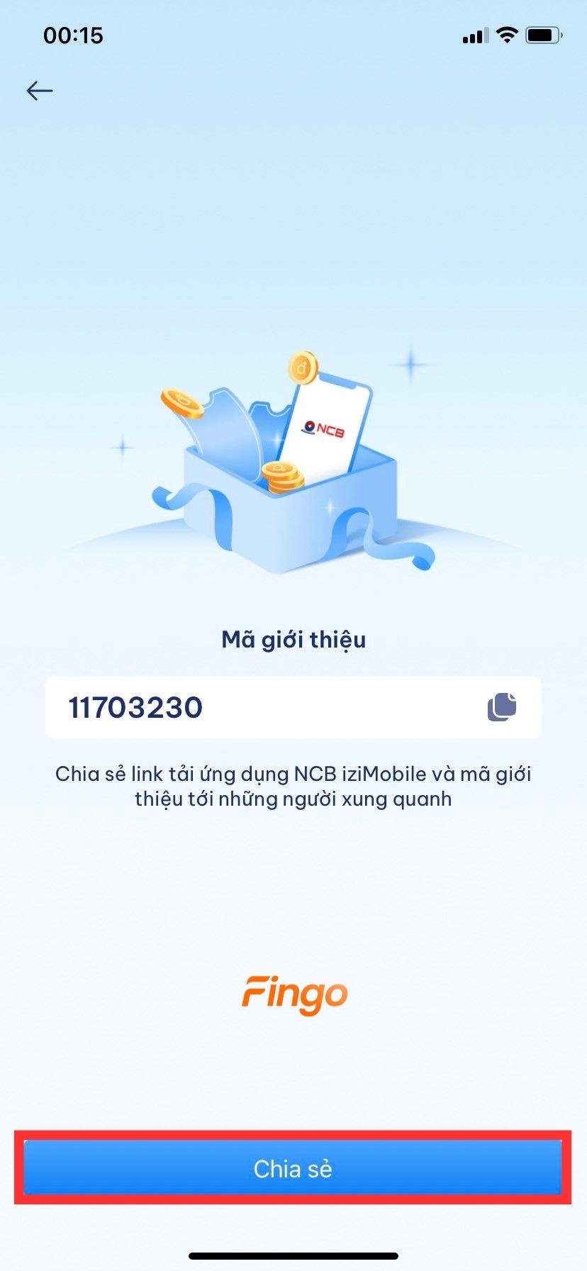 Bấm vào chức năng "Chia sẻ" để gửi link tải ứng dụng NCB iziMobile