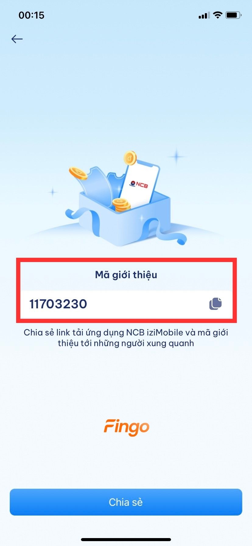 Tại đây, bạn sẽ nhận được mã giới thiệu NCB iziMobile của mình