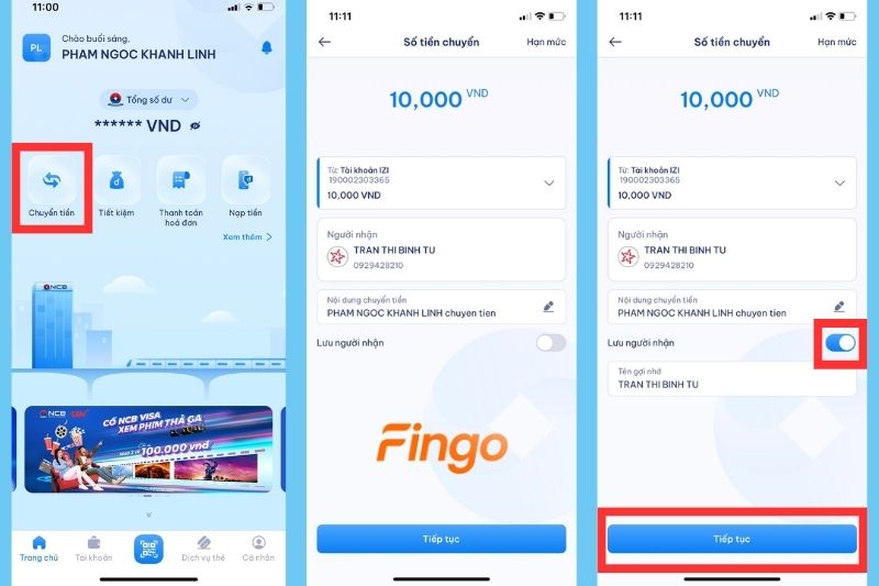 Trong mẫu giao dịch, chọn vào mục “Lưu người nhận”