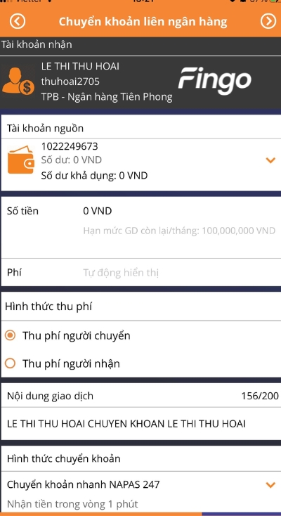 Nhập số tiền muốn chuyển tiền và nội dung giao dịch