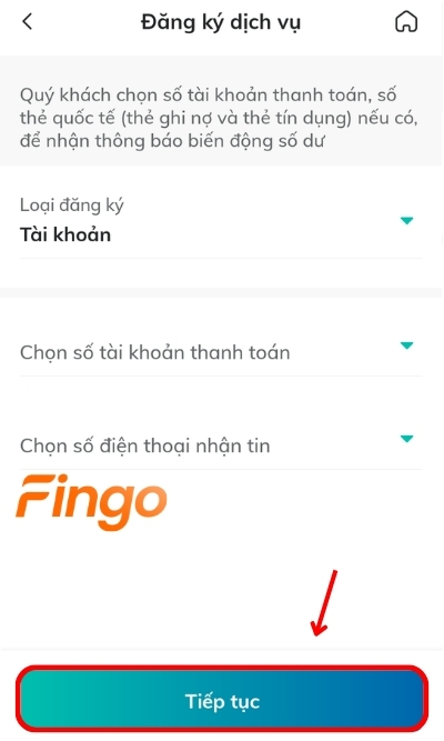Chọn số tài khoản thanh toán và số điện thoại nhận tin BSMS 