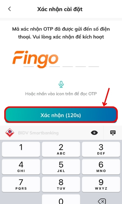 Nhập mã Smart OTP để xác thực giao dịch cách cài đặt vân tay trên app BIDV