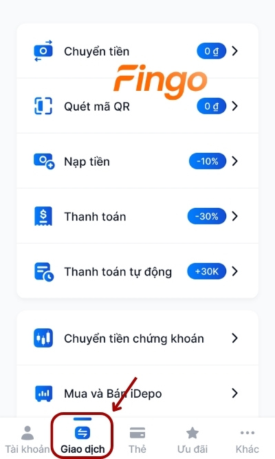 Đăng nhập vào ứng dụng MyVIB. Chọn mục Giao dịch