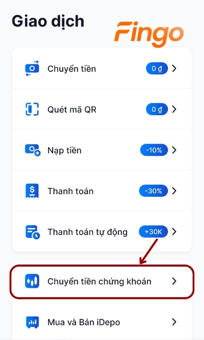 Chọn Chuyển tiền chứng khoán