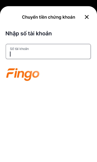 Nhập số tài khoản giao dịch chứng khoán, chọn Tiếp tục. Hệ thống hiển thị thông tin Họ tên chủ tài khoản chứng khoán tương ứng