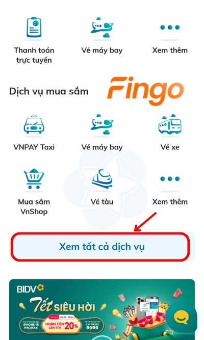 Đăng nhập ứng dụng ngân hàng SmartBanking. Chọn mục tất cả dịch vụ để tìm kiếm mục Chuyển tiền quốc tế