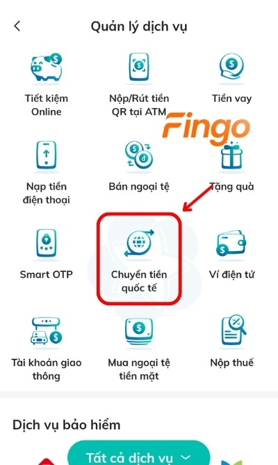 Chọn mục Chuyển tiền quốc tế tại mục Quản lý dịch vụ