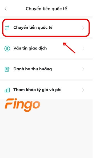 Tại đây, chọn Chuyển tiền quốc tế