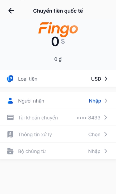 Tại màn hình, khách hàng nhận số tiền. Đồng thời chọn các thông tin như: Tài khoản người nhận, Tài khoản chuyển, Thông tin xử lý và Bộ chứng từ. Sau đó chọn Tiếp tục.