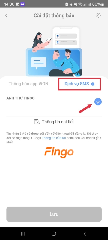 Chọn "Dịch vụ SMS" > Nhấp vào dấu tích để bỏ chọn tài khoản đăng ký SMS Banking.