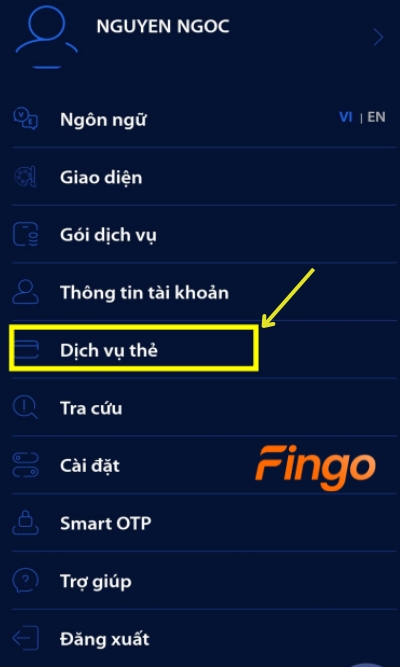  Đăng nhập ứng dụng ngân hàng số digimi. Chọn Dịch vụ thẻ