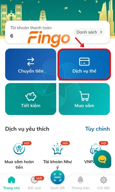 Đăng nhập ứng dụng SmartBanking BIDV. Tại màn hình chính, chọn Dịch vụ thẻ