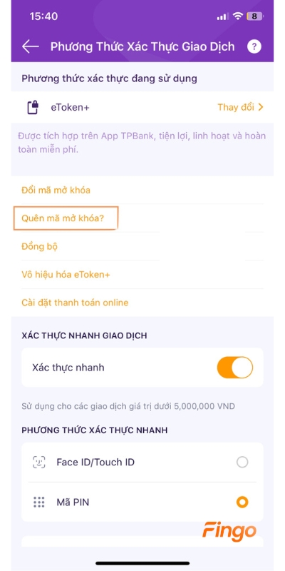 Cách lấy lại mã kích hoạt eToken TPBank bước 2