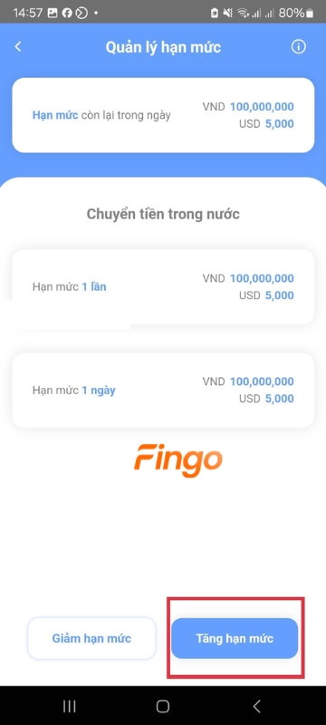 Chọn "Tăng hạn mức" 