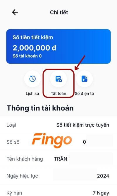 Tại màn hình chi tiết thông tin tài khoản tiết kiệm của khách hàng. Chọn mục Tất toán. 