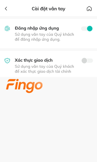  Đăng nhập ứng dụng ngân hàng số, sau đó chọn mục Cài đặt khác. Tiếp theo, khách hàng chọn Cài đặt vân tay. Màn hình lúc này sẽ hiển thị dịch vụ "Đăng nhập dịch vụ" hoặc "Xác minh giao dịch" khi cài đặt vân tay.