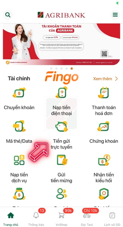 Nhấn chọn tiền gửi trực tuyến