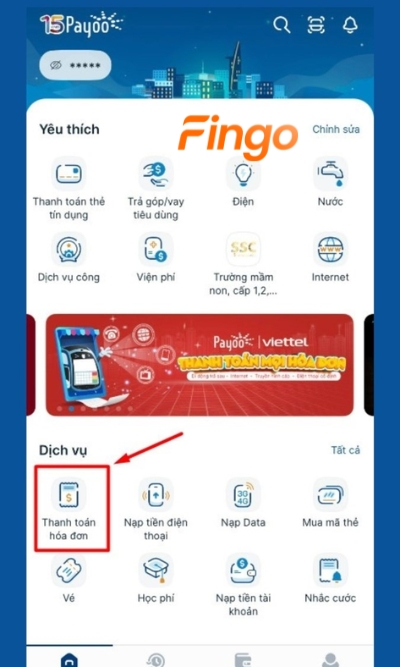 Đăng nhập ứng dụng Payoo. Chọn mục Thanh toán hóa đơn.