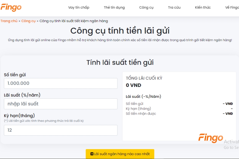 Tính lãi suất ngân hàng với công cụ tính lãi của Fingo