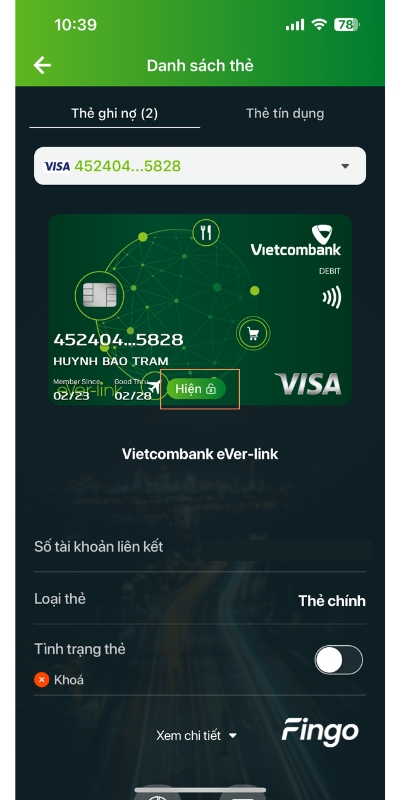 Cách xem số thẻ Vietcombank bước 3