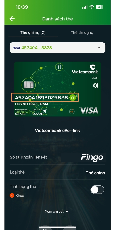 Cách xem số thẻ Vietcombank bước 5