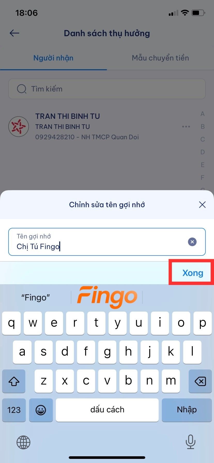 Nhập tên mới bạn muốn đổi cho số tài khoản đã chọn và bấm "Xong".