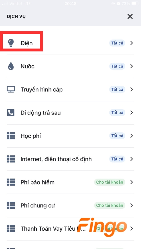 Tại màn hình chọn dịch vụ thanh toán "Điện"