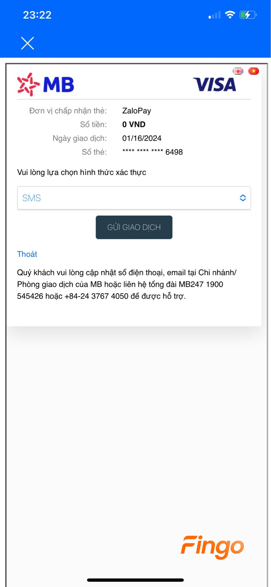 Chọn hình thức xác thực SMS và chọn "Gửi giao dịch"