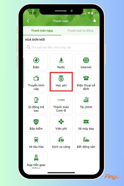 Trong menu, chọn "Học phí".