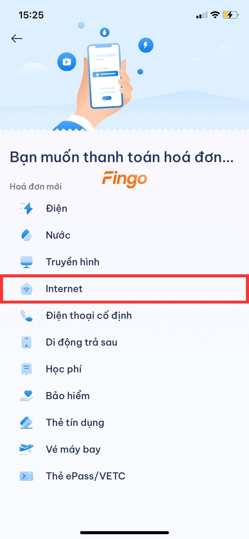 Lựa chọn "Internet".