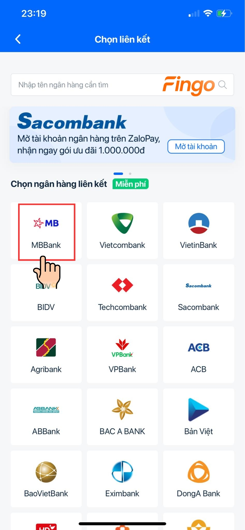 Chọn vào logo ngân hàng MB Bank