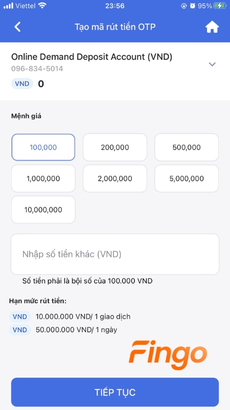 Nhập số tiền cần rút, tối thiểu là 100,000 VND