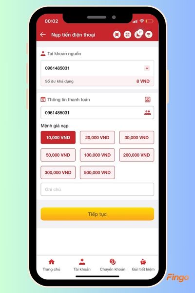 Chọn mệnh giá nạp phù hợp và nhấn "Xác nhận".