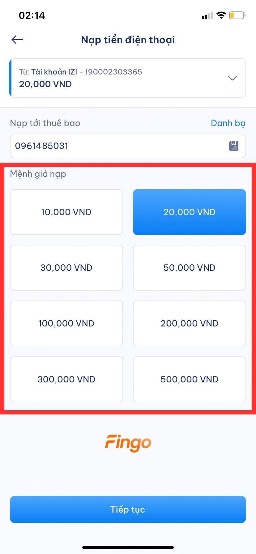 Chọn mệnh giá nạp và bấm tiếp tục