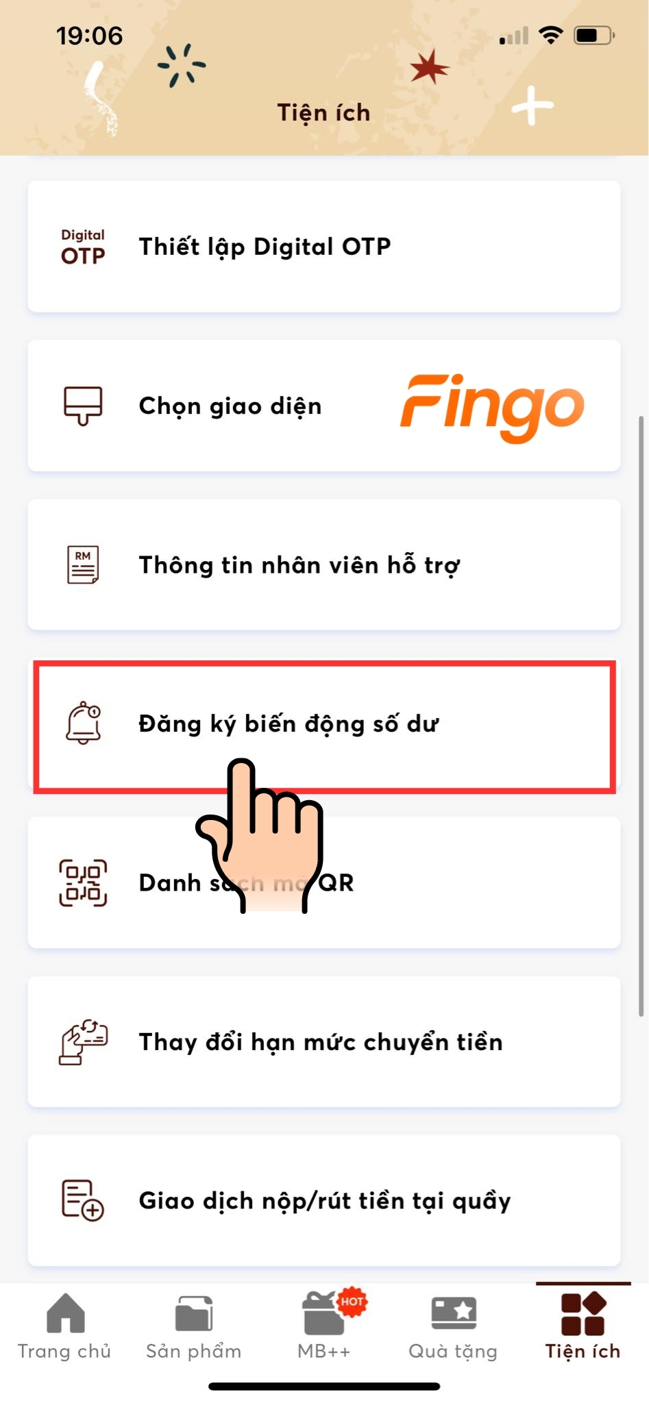 Chọn vào "Đăng ký biến động số dư"