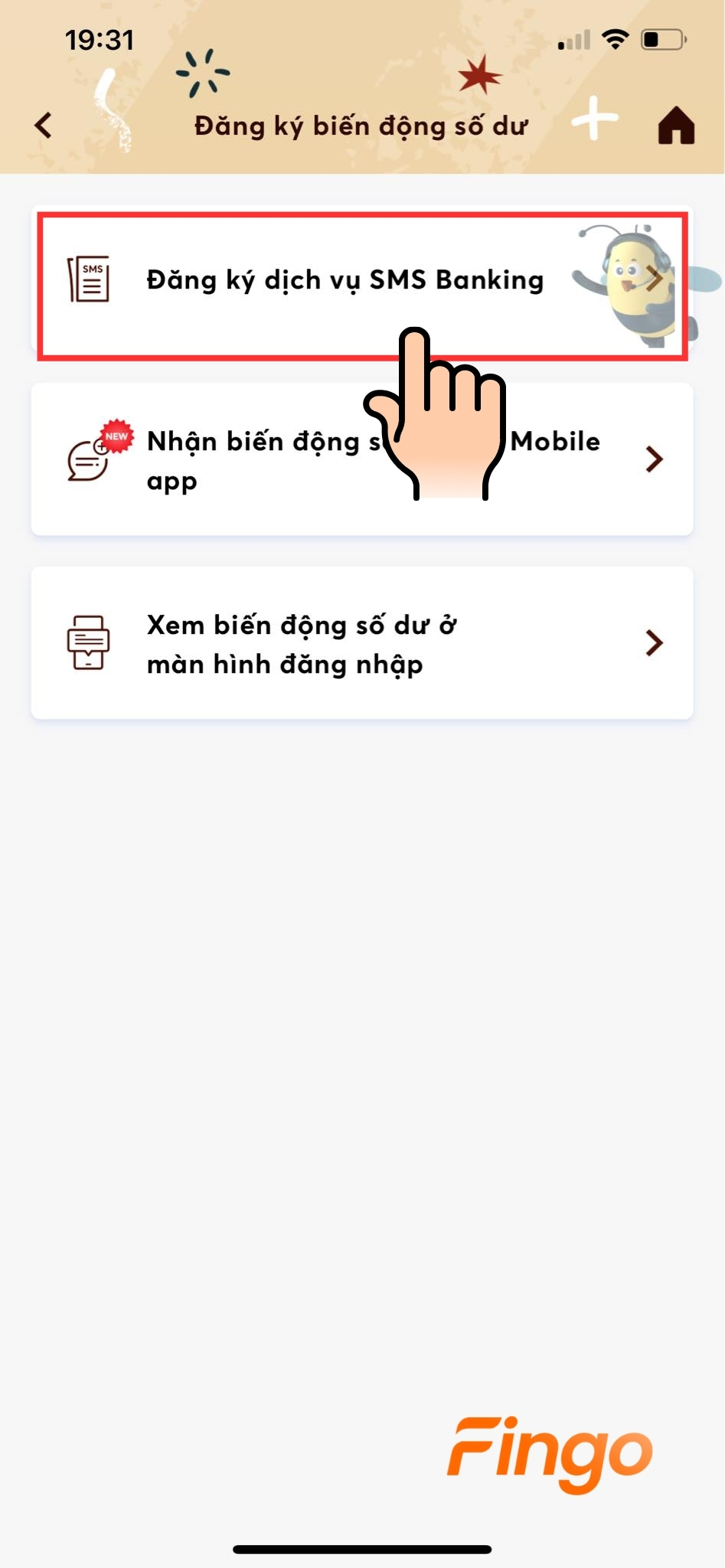Nhấn vào mục "Đăng ký dịch vụ SMS Banking"