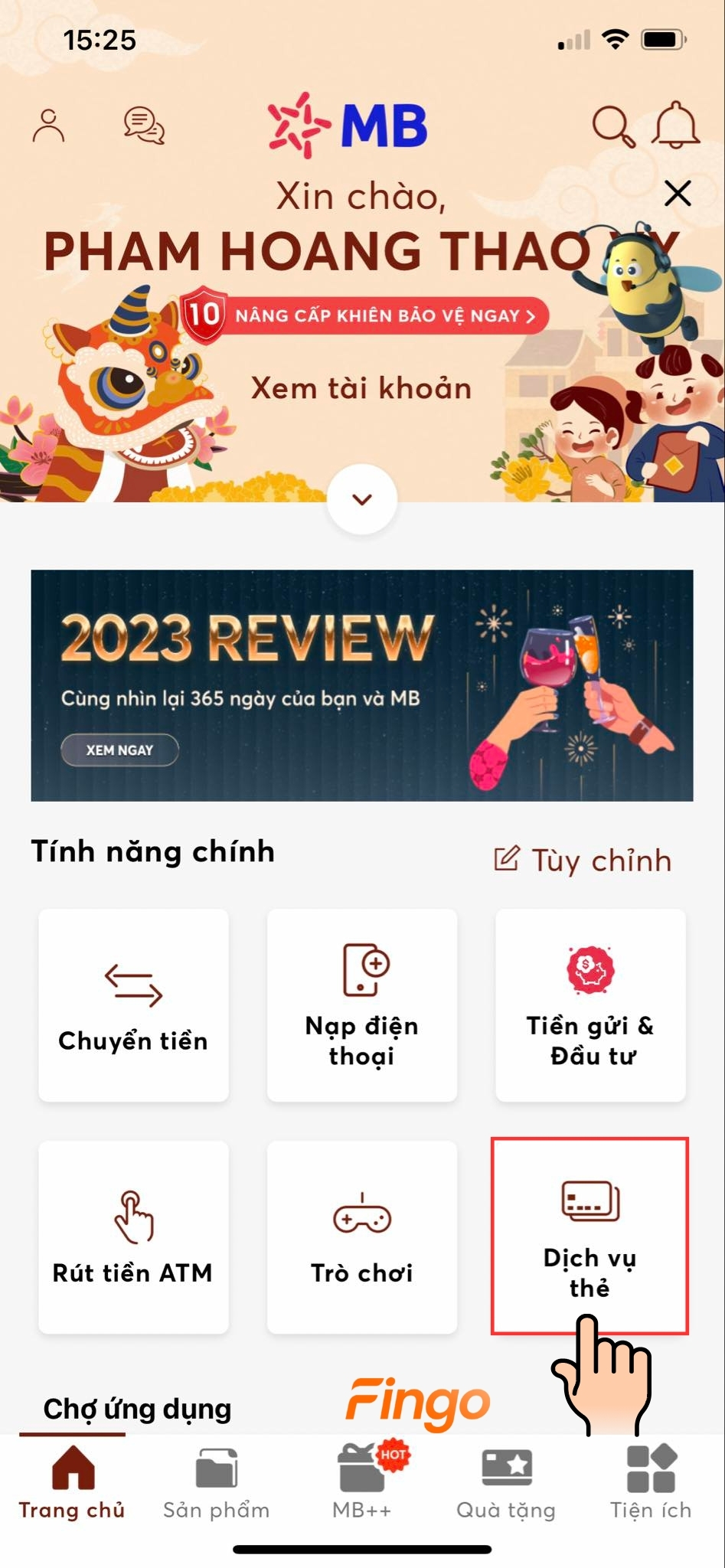 Chọn mục "Dịch vụ thẻ"