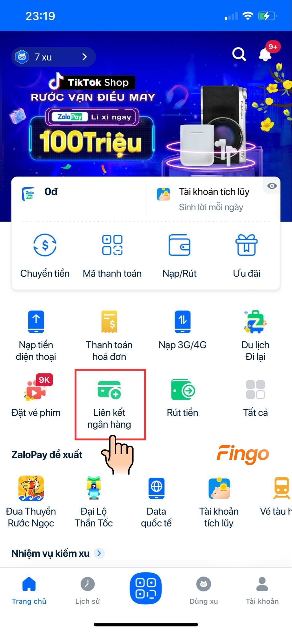 Chọn mục "Liên kết ngân hàng"