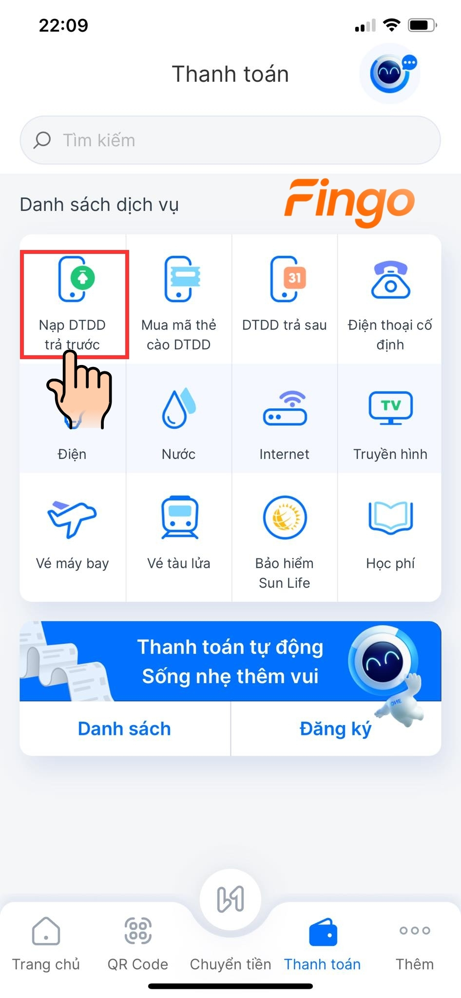 Chọn mục "Nạp DTDD trả trước"