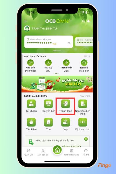 Đăng nhập vào OCB OMNI và chọn mục "Thanh toán".
